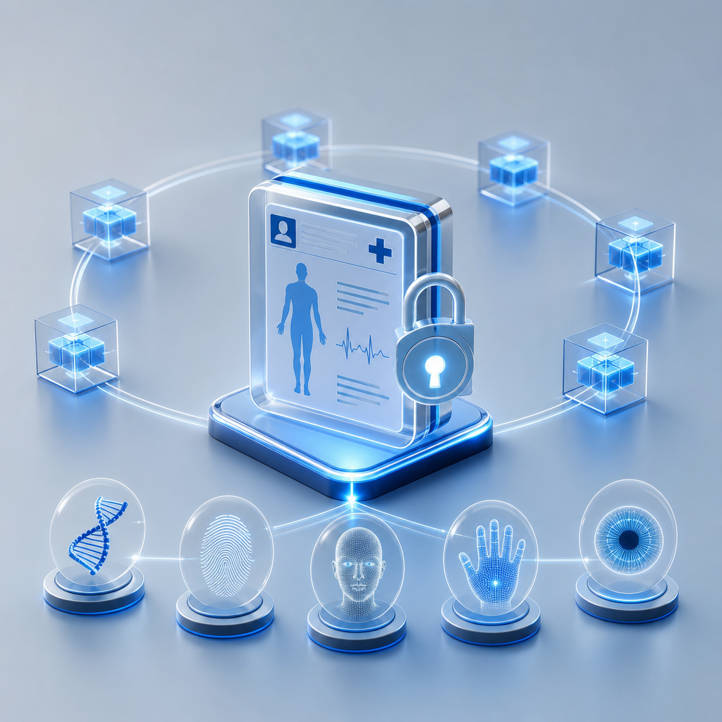 Concepto de registros médicos digitales en blockchain protegidos por claves basadas en biología humana