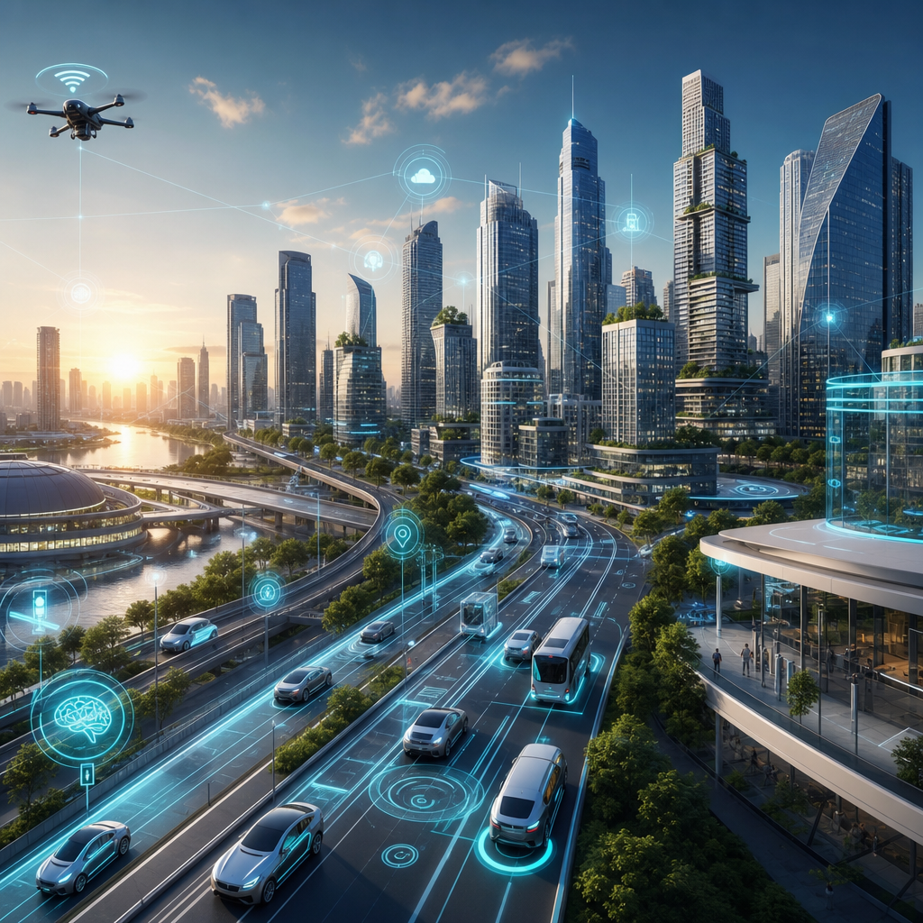 Futurista predicción urbana de ciudad inteligente con sensores IA gestionando en tiempo real