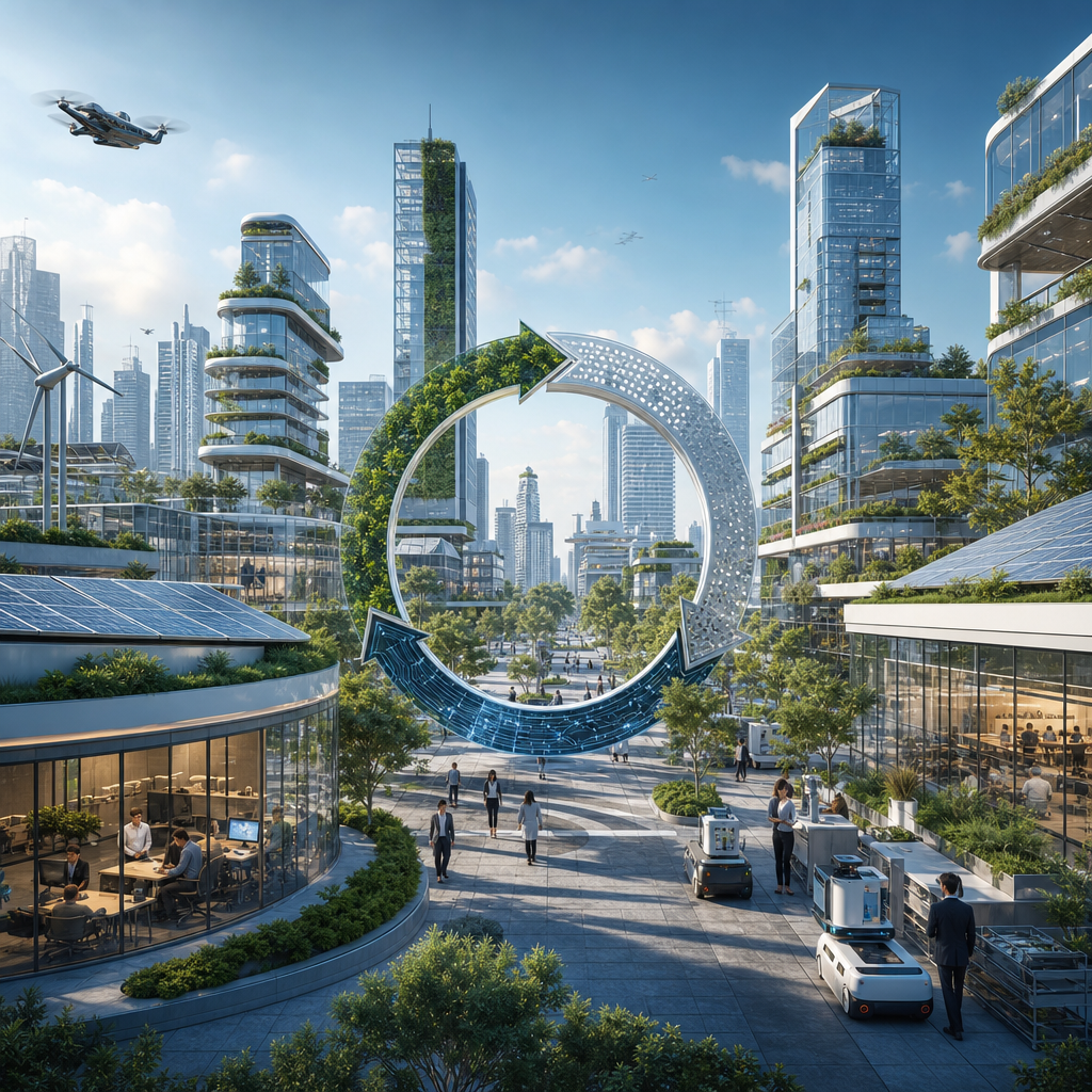 Escenario futuro de innovación circular en grandes empresas tecnológicas, demostrando eficiencia y sostenibilidad en un entorno urbano moderno