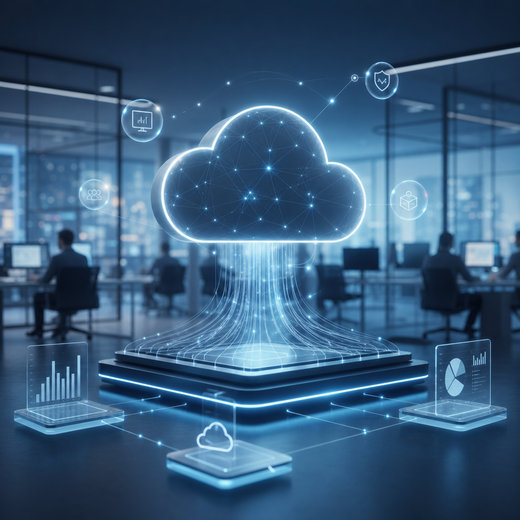 Concepto futurista de nube computacional adaptativa y contexto fluido en empresas tecnológicas modernas