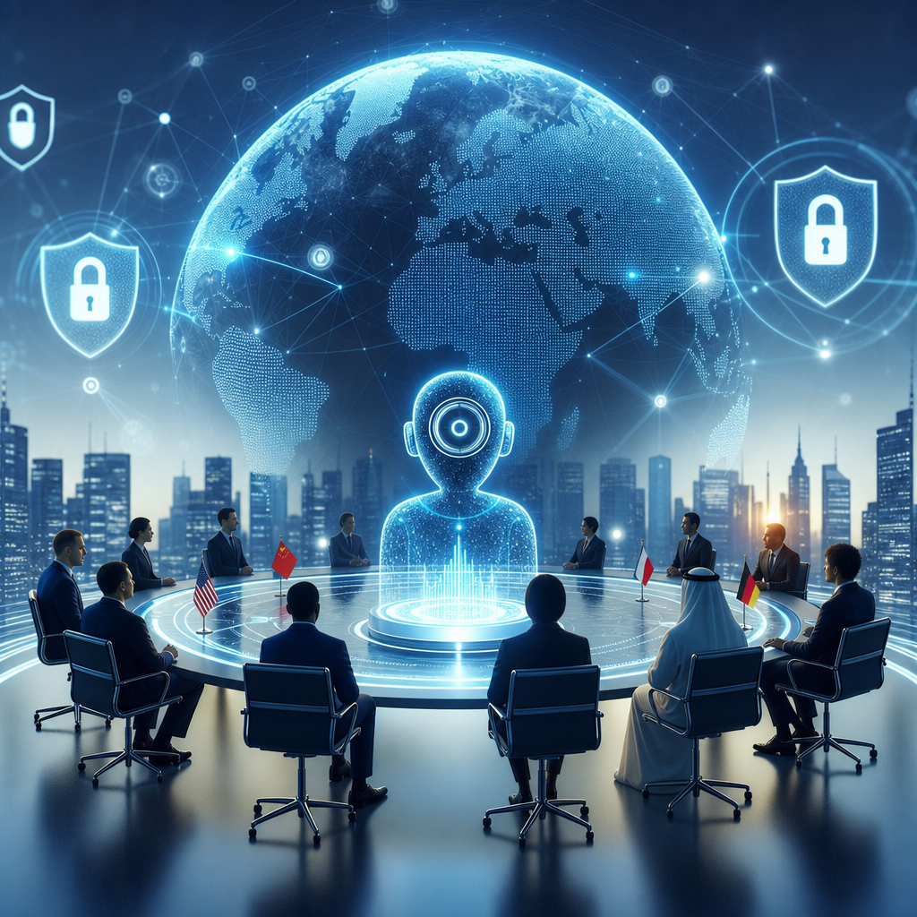 Visión futurista de la ciberseguridad global y su influencia en la diplomacia internacional, con IA como intermediaria