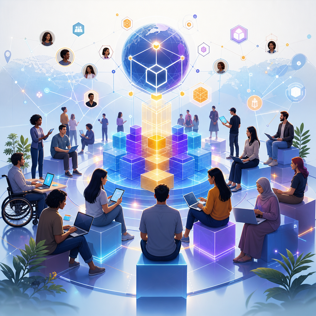 Ilustración de comunidades digitales exitosas utilizando estructuras criptoeconómicas con representación inclusiva y tecnológicamente innovadora