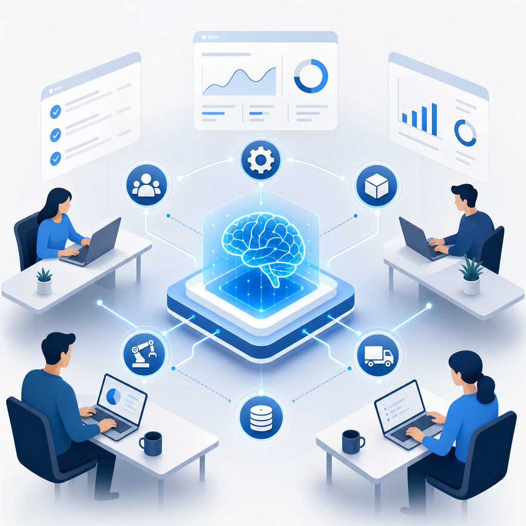 Ilustración moderna sobre el uso de inteligencia artificial y algoritmos en startups para sincronizar operaciones.