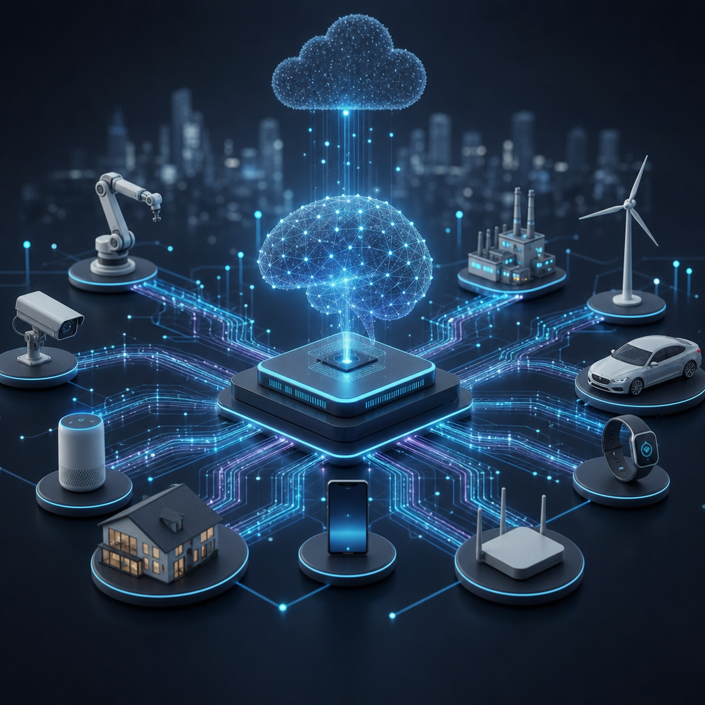 Representación visual futurista de IoT integrando inteligencia artificial y edge computing