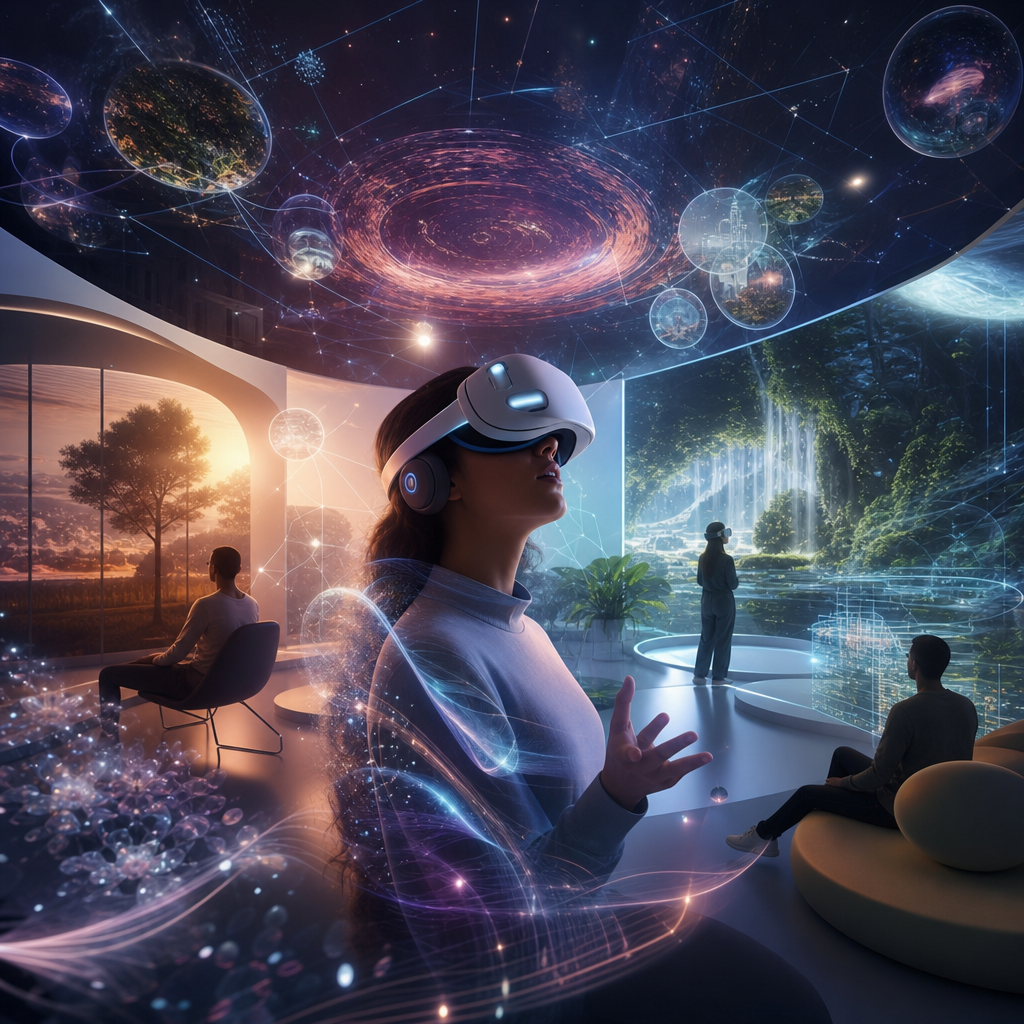 Futuro creativo multisensorial inmersivo con entornos virtuales interconectados y narrativas sensoriales expandidas
