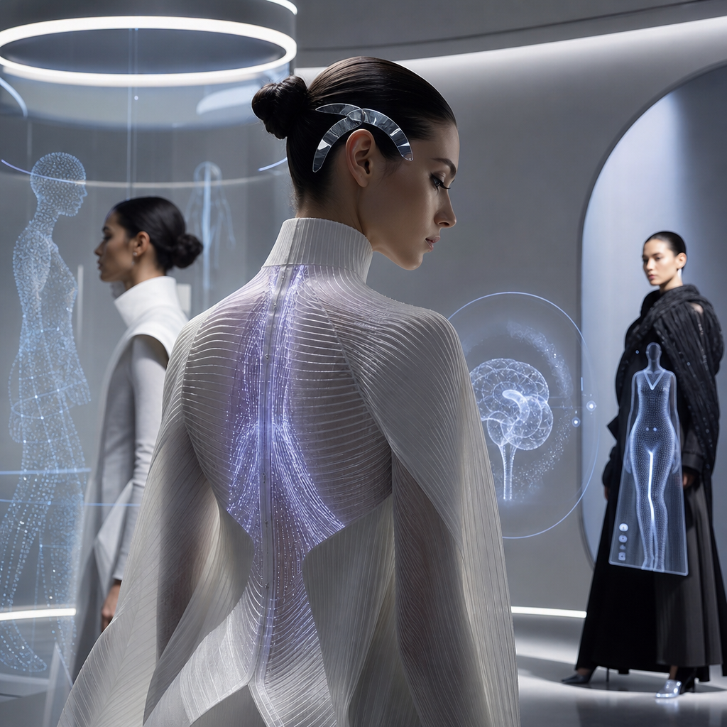 Escena futurista de moda tecnológica explorando privacidad en interacciones humanas y prendas con respuesta cerebral