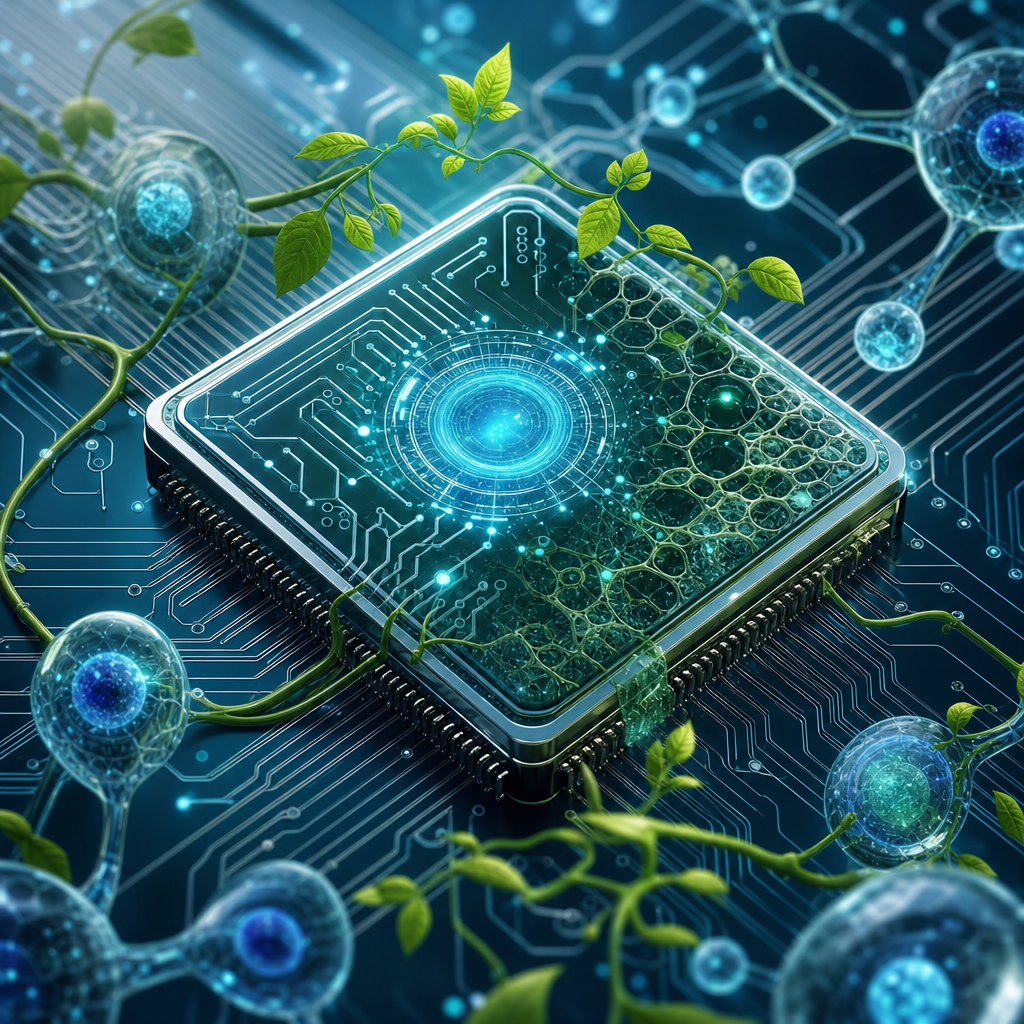 Sistema informático autorreparable con elementos biológicos, circuito cibernético, ilustración de futuro tecnológico