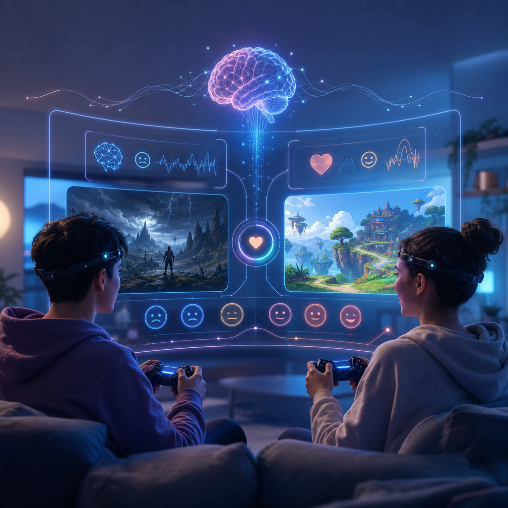 Jóvenes interactuando con interfaz neuro-adaptativa en videojuego personalizado según emociones actuales