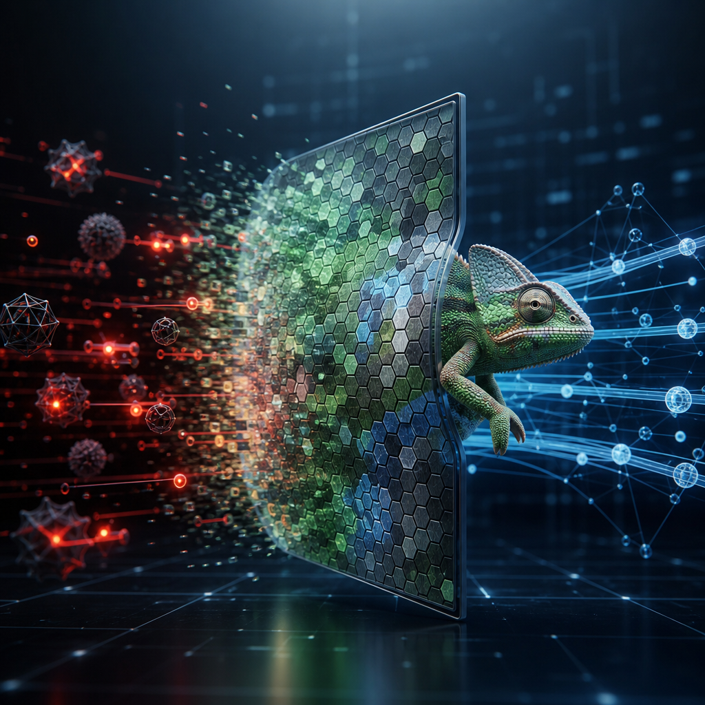 Representación conceptual de firewall digital adaptativo inspirado en camuflaje animal para futuras tecnologías de seguridad