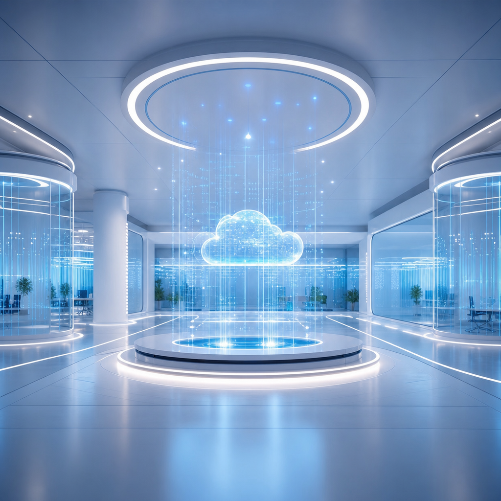 Visión futurista de centro de datos sin servidores físicos, mostrando infraestructura sin servidor modernizada.