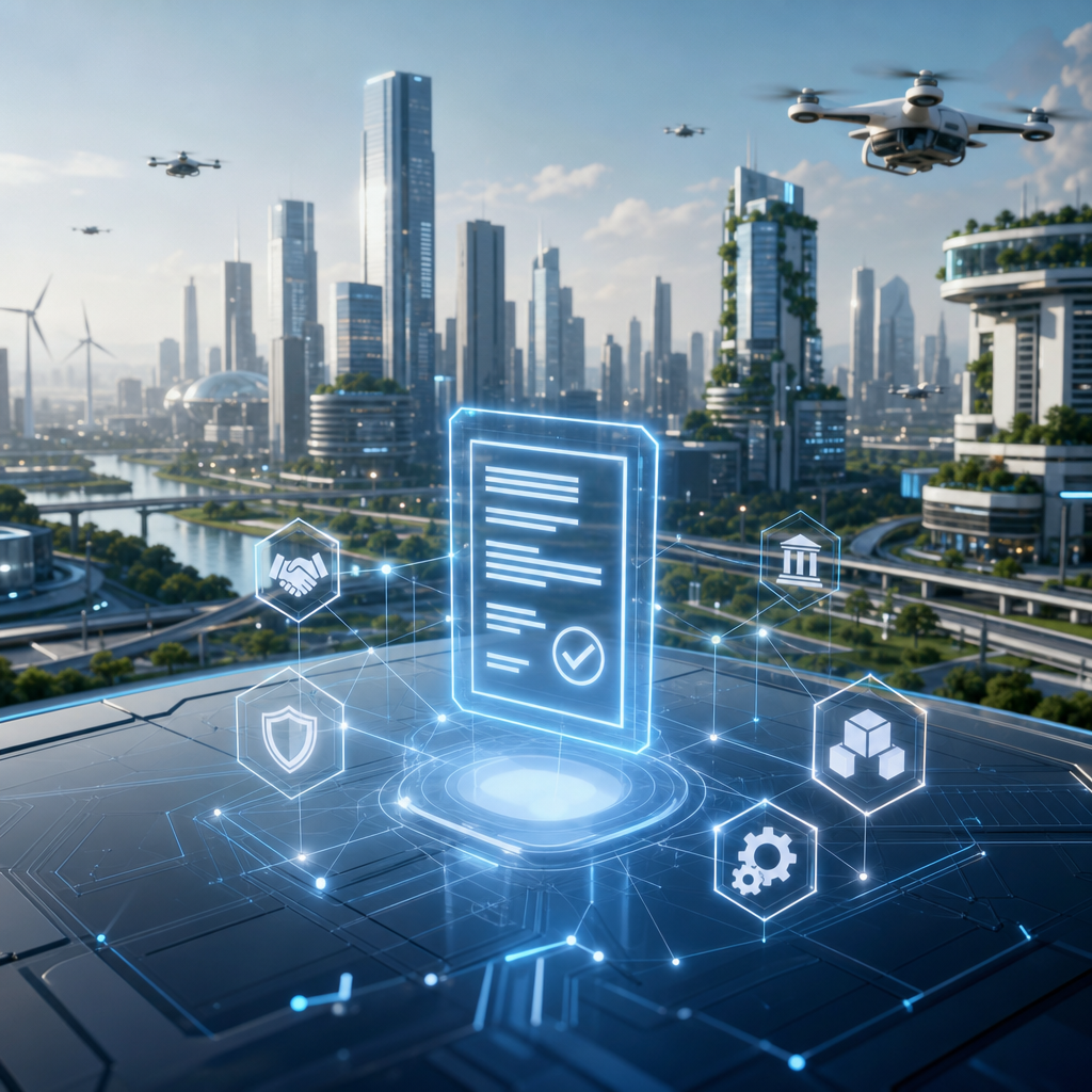 Futuro de los smart contracts dinámicos en ciudades inteligentes, tecnológico y futurista, editorial in SMART CONTRACTS