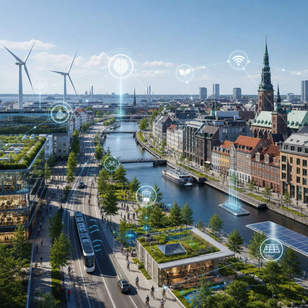 Vista editorial de Copenhague utilizando redes inteligentes e IA para sostenibilidad urbana