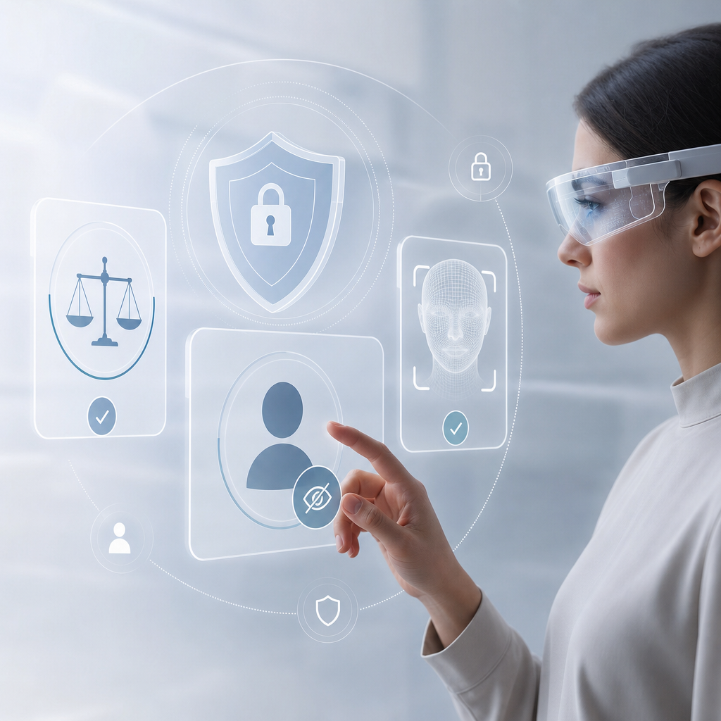 Ilustración conceptual sobre ética, seguridad y privacidad en interfaces de usuario aumentadas