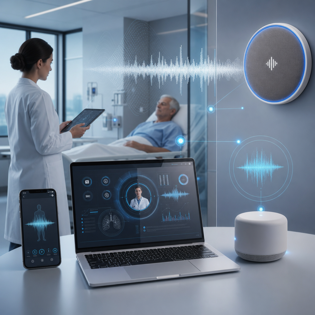 Tecnología de audición computacional en hospital, monitoreo remoto de salud, dispositivos futuristas, sonido inteligente