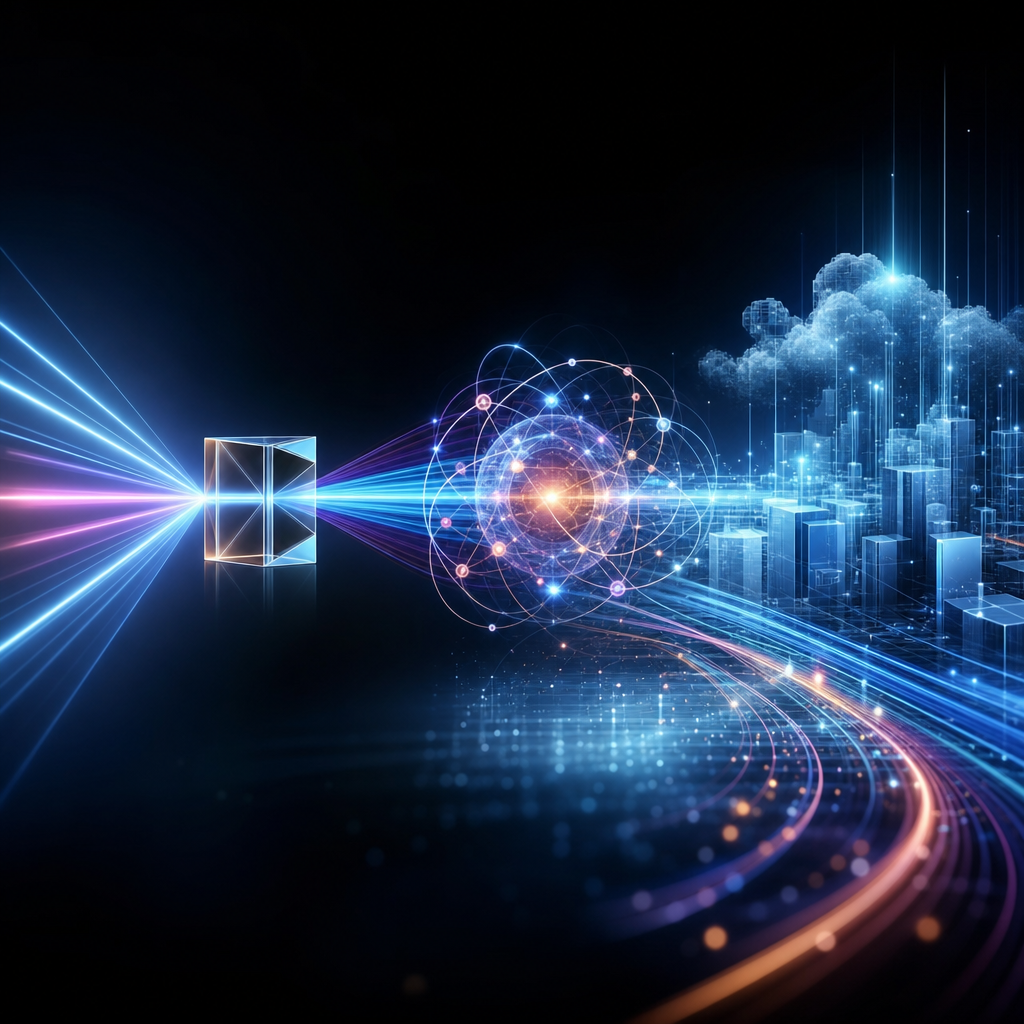 Futurista representación del impacto de la fotónica cuántica, con conceptos de transformación digital y haces de luz