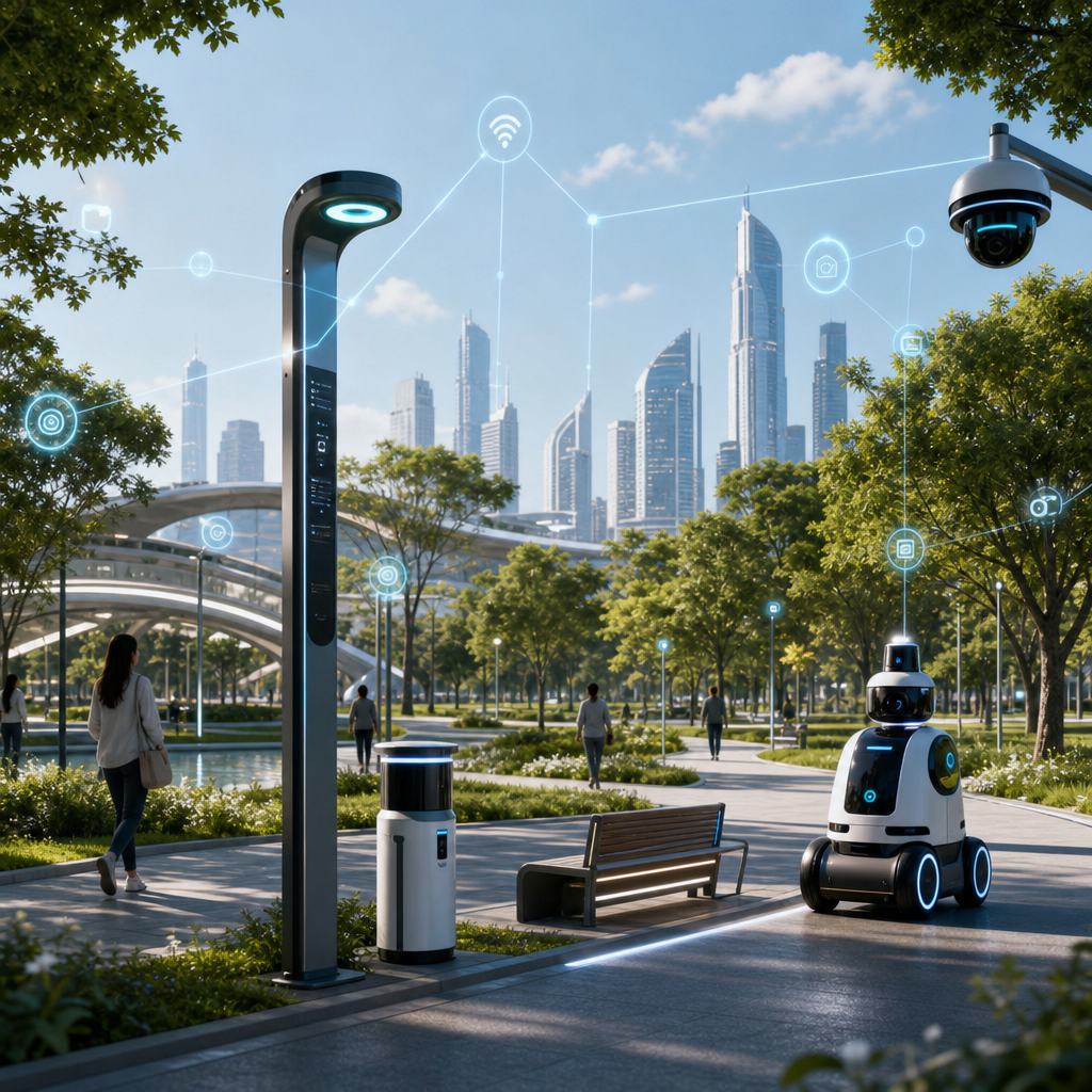 Diseño arquitectónico de un parque urbano con tecnología IoT; dispositivos futuristas y patrullaje digital.
