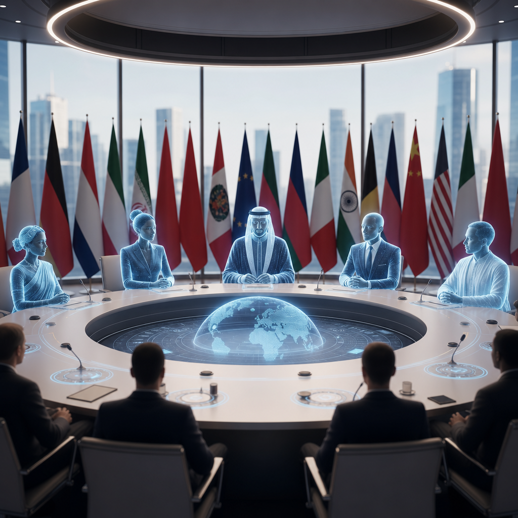 Visión futurista de embajadores virtuales utilizando inteligencia artificial en una reunión diplomática internacional