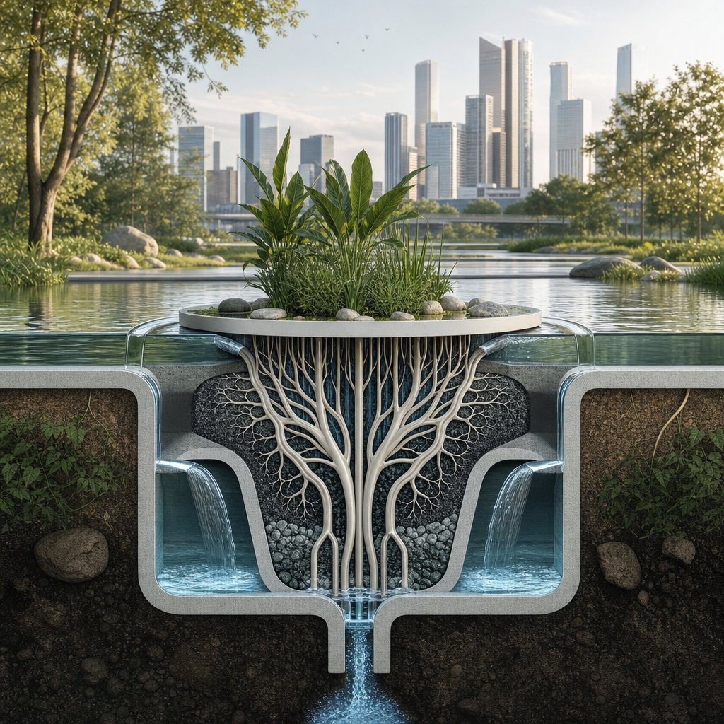 Sistema de filtración de agua emulando raíces de plantas en un entorno natural y urbano