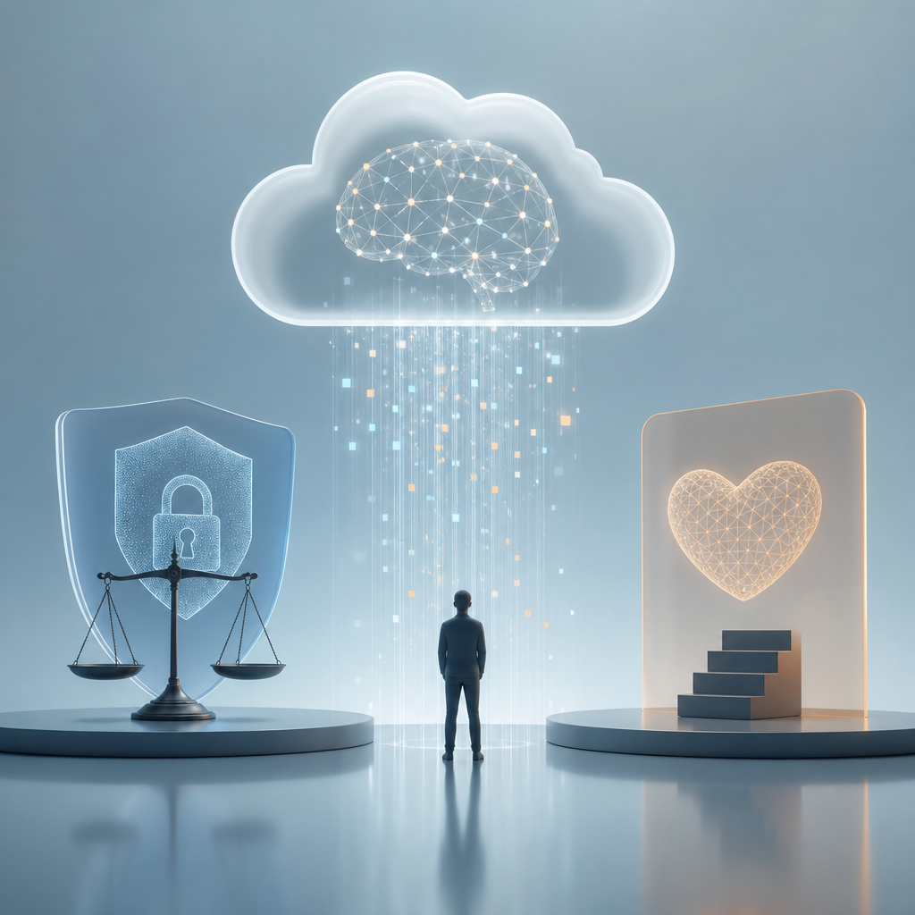 Concepto visual de retos éticos y técnicos del software sensible con datos emocionales en la nube