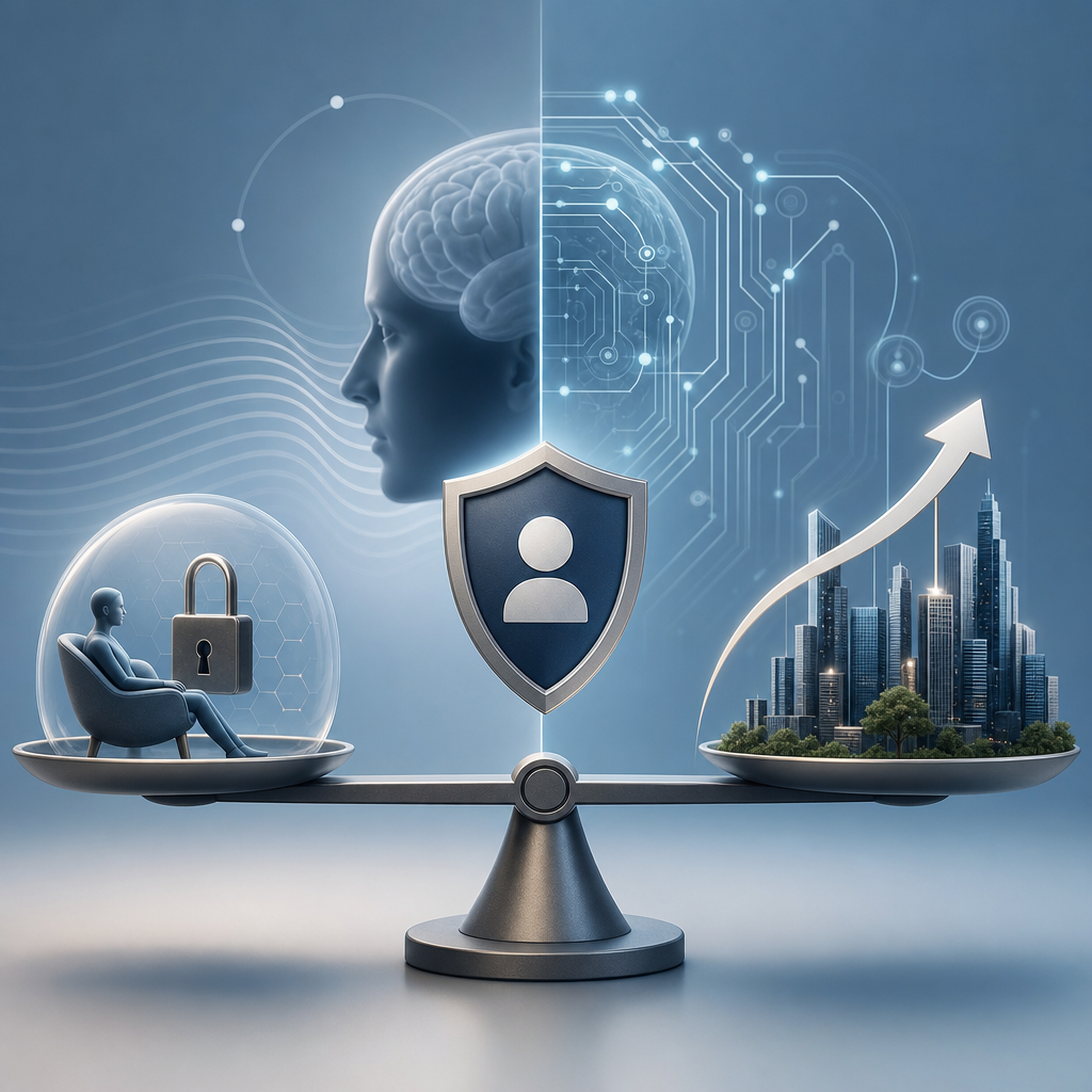 Ilustración moderna de aspectos éticos en interacción digital neurotecnológica, balanceando privacidad y progreso, tono profesional
