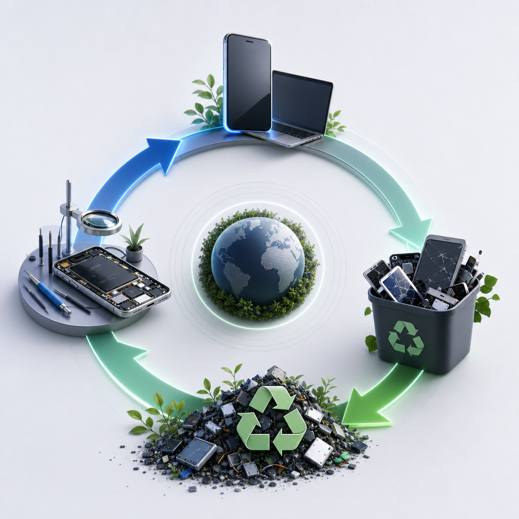 Ilustración de ciclo económico circular en contexto tecnológico, mostrando reparación y reciclaje de gadgets.