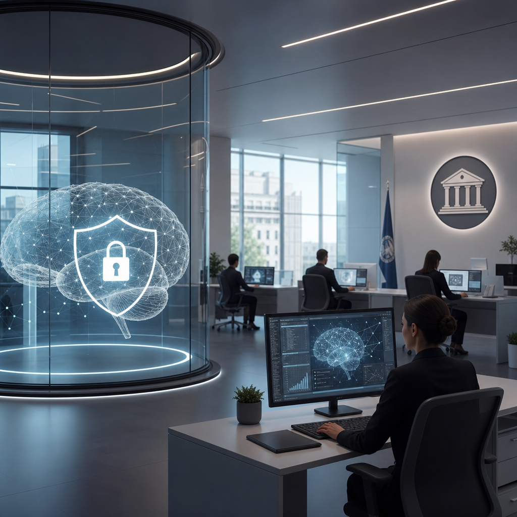 Oficina gubernamental moderna utilizando tecnología de neuroseguridad para proteger información sensible