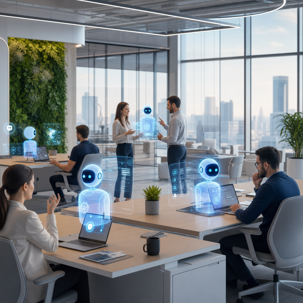 Oficina moderna con empleados interactuando con asistentes virtuales en un ambiente colaborativo y tecnológico