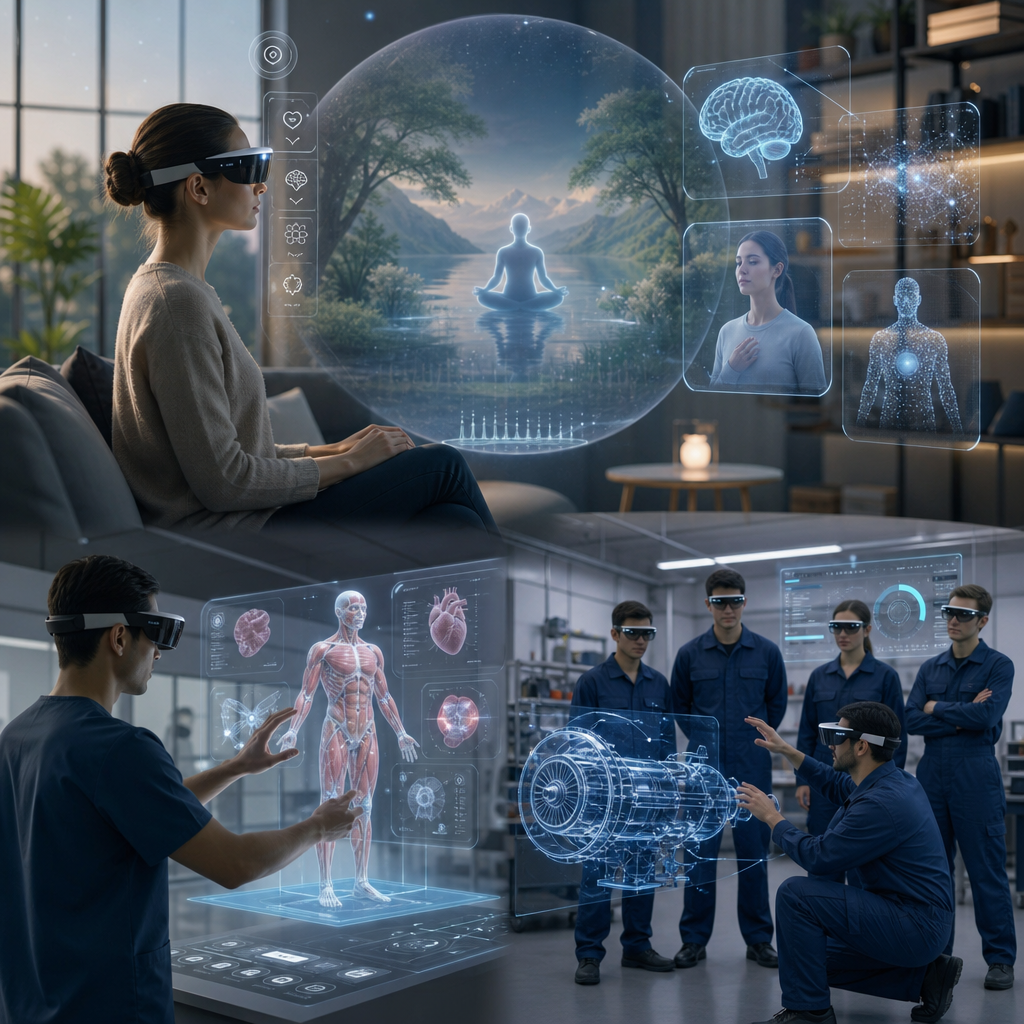 Visión futurista de aplicaciones AR en terapia y formación incluyendo uso en salud mental y capacitación práctica