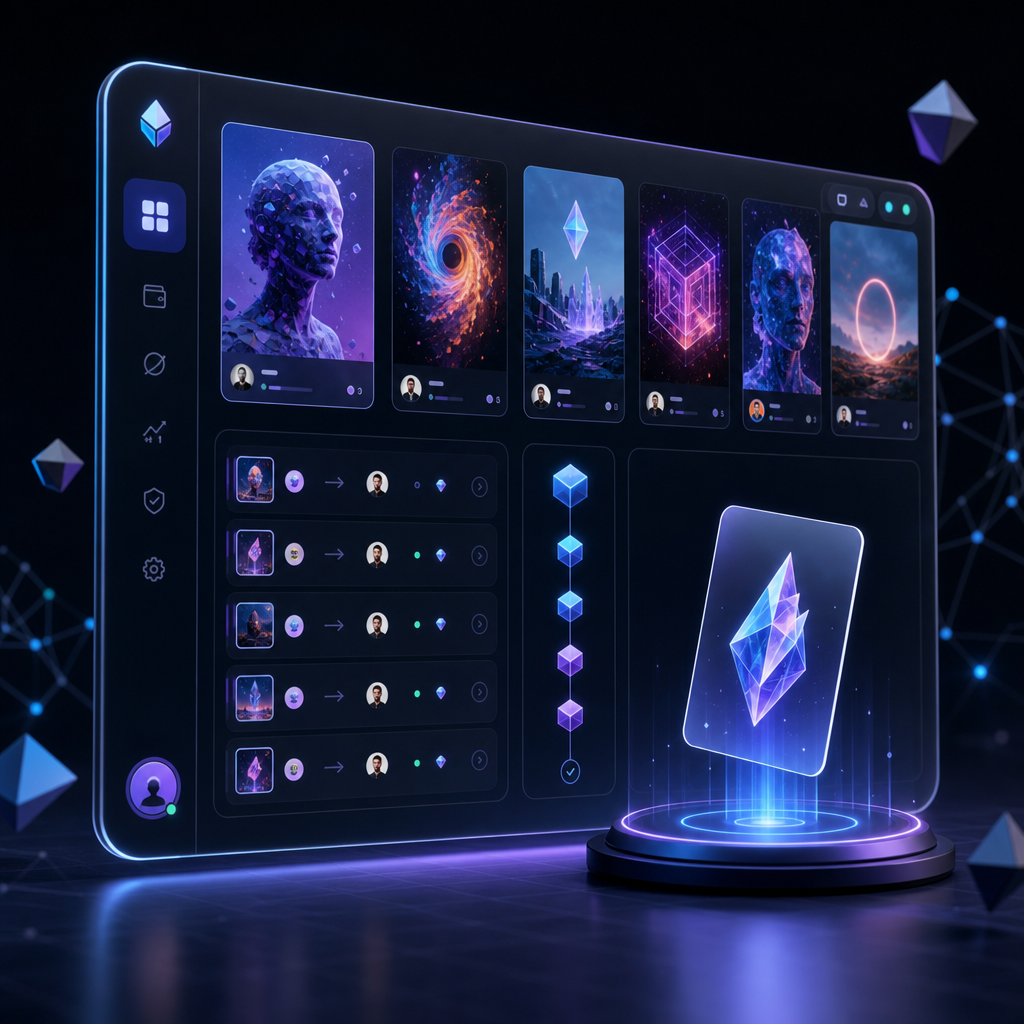 Interfaz de plataforma descentralizada mostrando transacciones de NFTs creativos en una pantalla futurista
