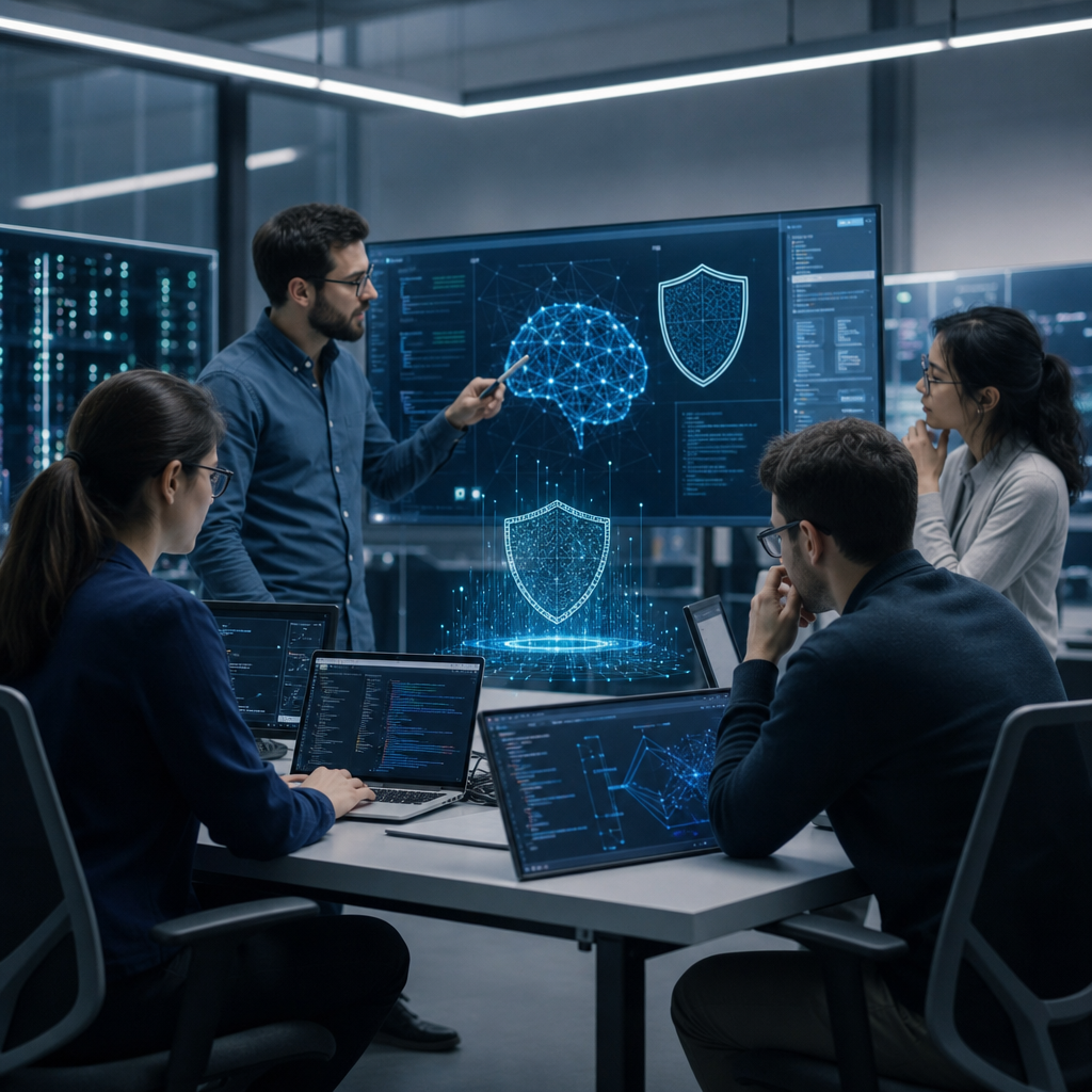 Investigadores desarrollando contramedidas para defensa de inteligencia artificial en ciberseguridad, ambiente de trabajo colaborativo