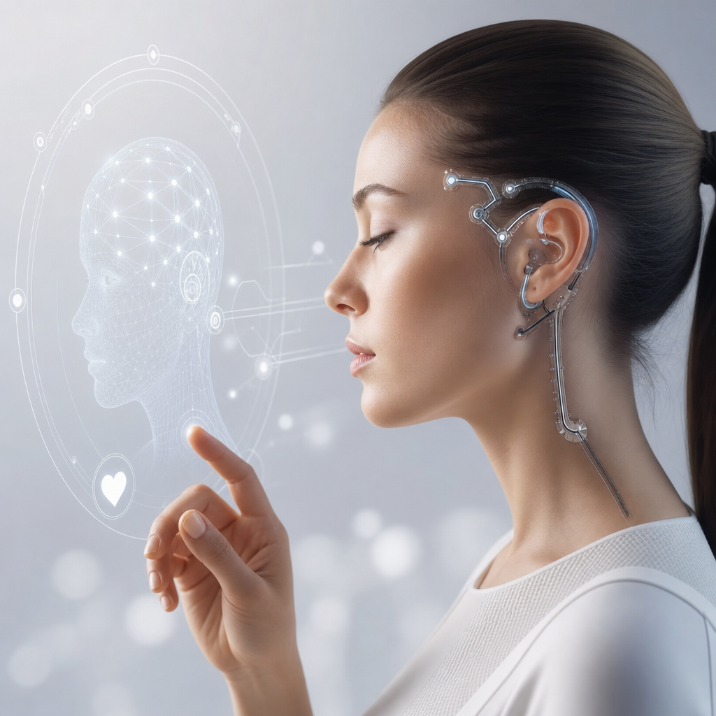 Representación conceptual innovadora de un usuario interactuando éticamente con implantes tecnológicos avanzados