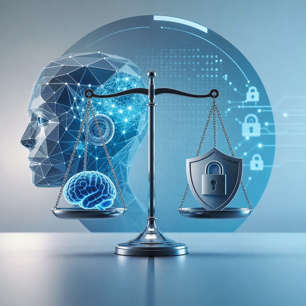 Imagen editorial moderna sobre ética y privacidad en inteligencia artificial en ciberseguridad