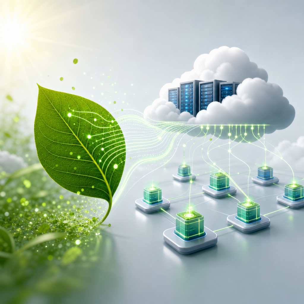 Innovación en el balanceo de carga inspirado en fotosíntesis, ilustración moderna de eficiencia de recursos en la nube