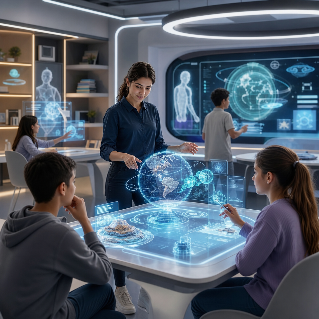 Personas usando tecnología holográfica en un entorno educativo moderno, enfoque en aprendizaje interactivo