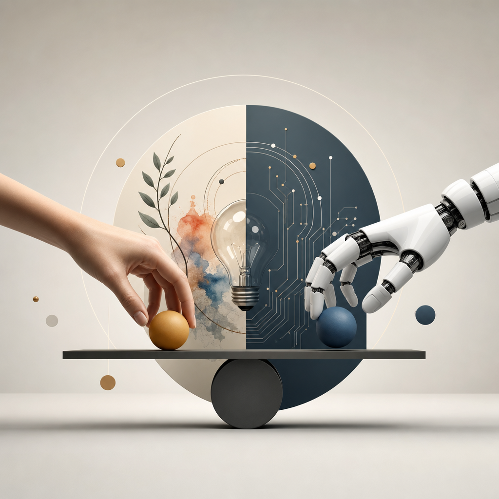 Imagen conceptual sobre ética en la IA, mostrando un equilibrio entre creatividad humana y algoritmos.