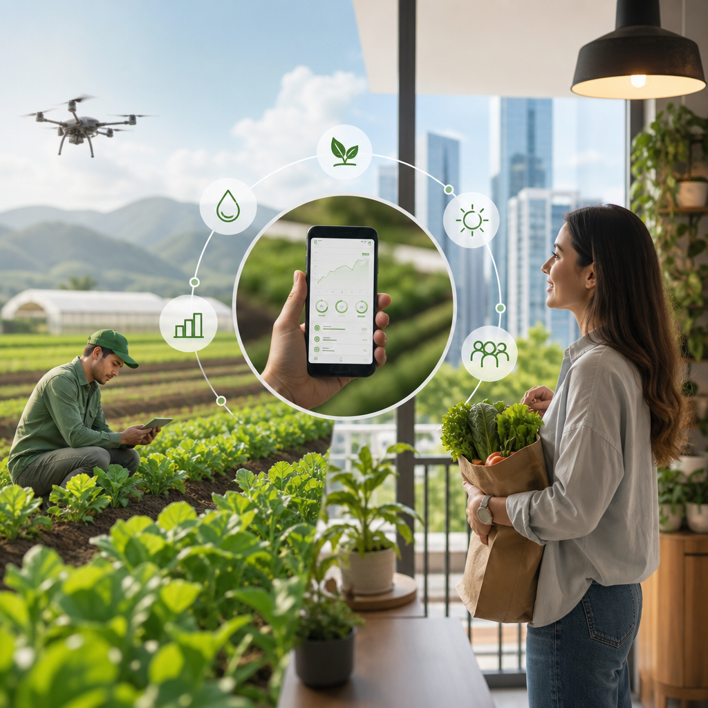 Conceptualización moderna de negocio startup agro-tech con cliente urbano interesado en sostenibilidad