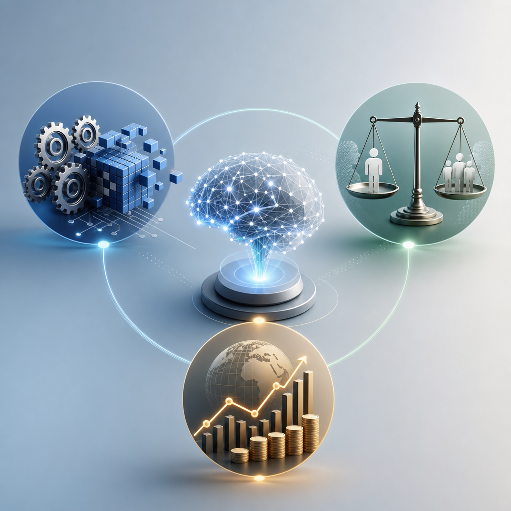 Iconos de desafíos técnicos, éticos y económicos en la inteligencia artificial evolutiva