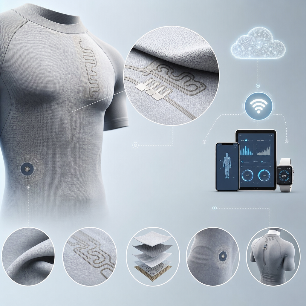 Detalle técnico de sensores flexibles integrados en tela, mostrando su aplicación y conexión a IoT