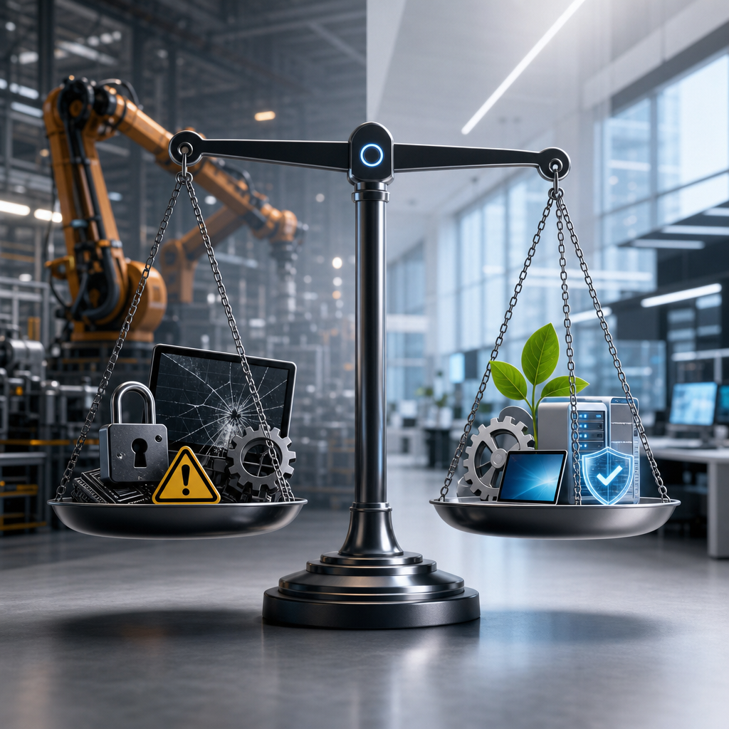 Escenario de riesgos y beneficios del software físico, con balanza tecnológica, ambientes industrial y moderno