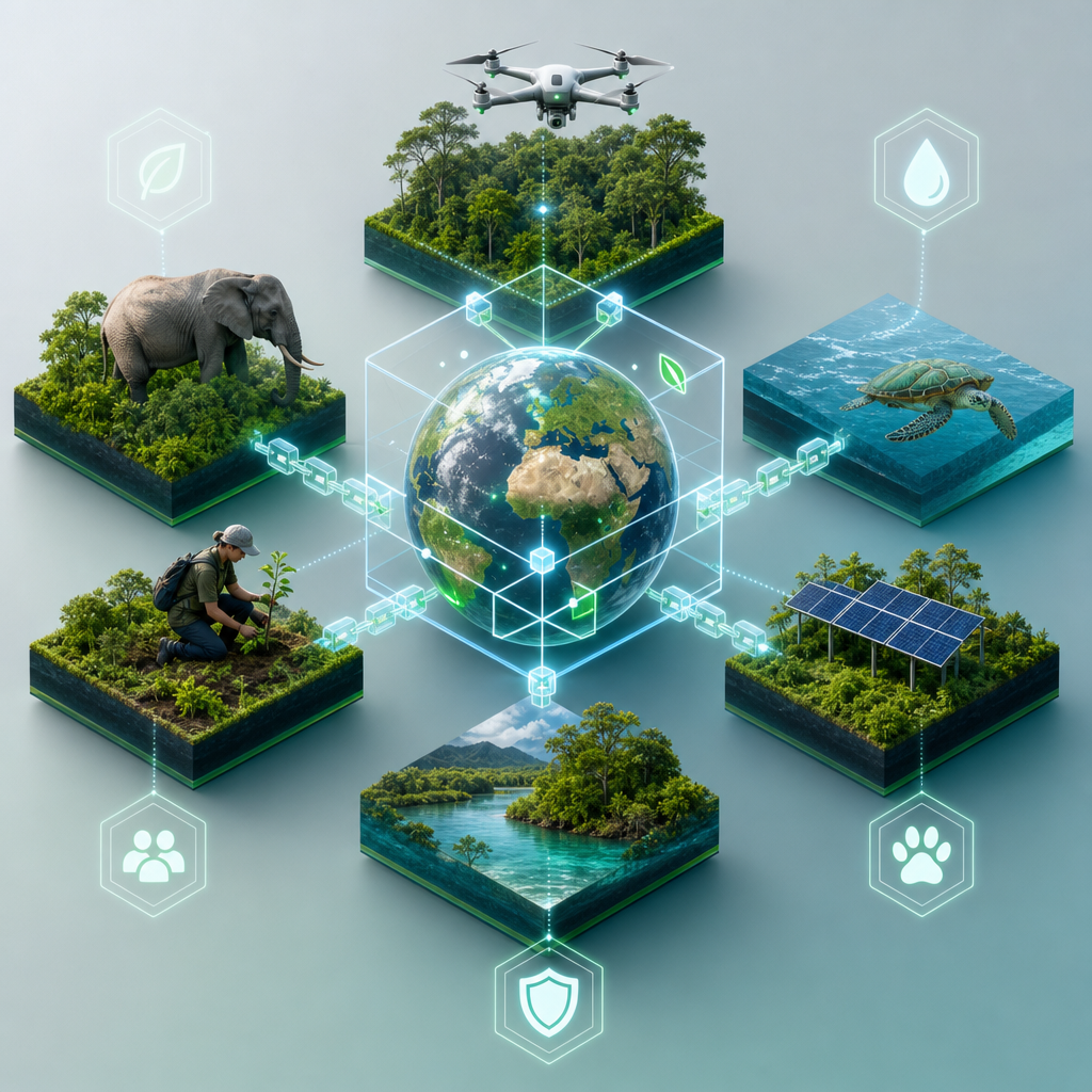 Imagen simbólica que muestra proyectos de blockchain actualmente utilizados en conservación ambiental, contexto moderno y profesional