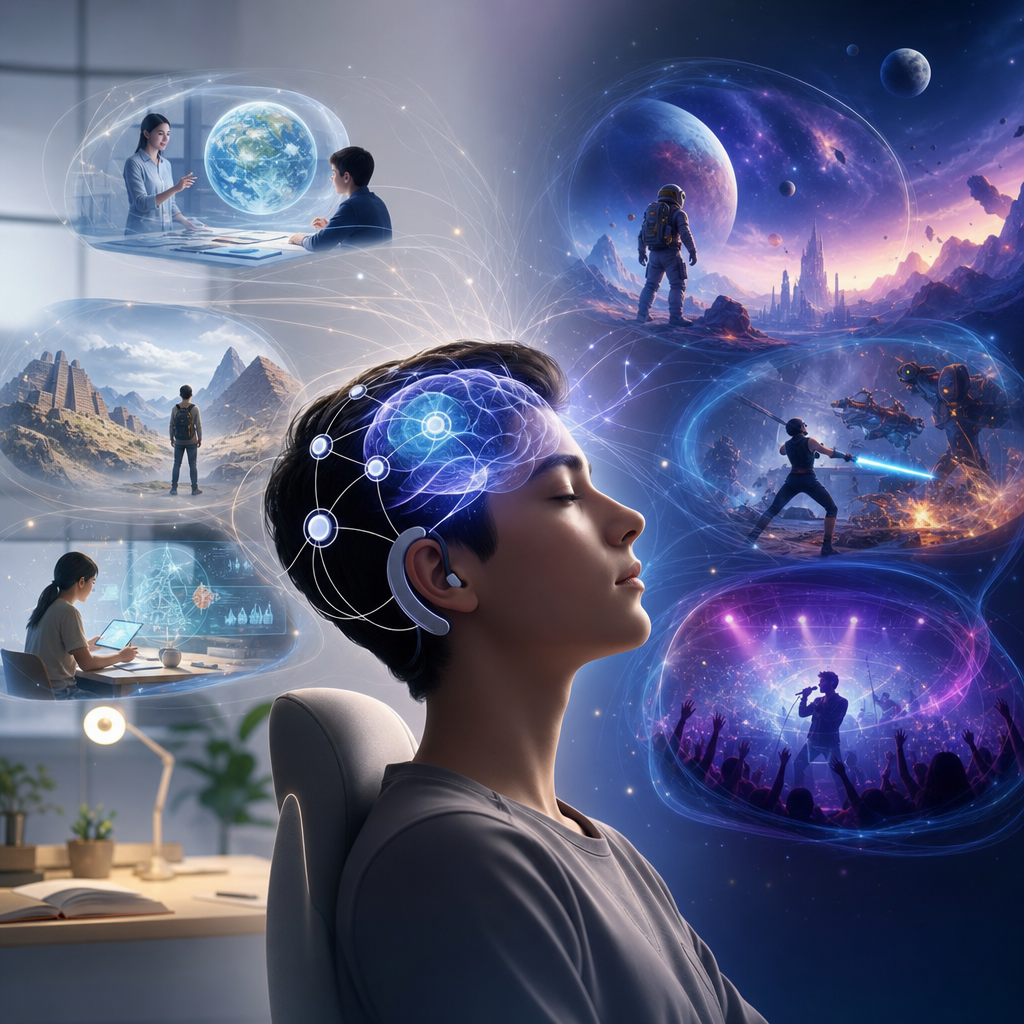 Futuros usos de BCI en educación y entretenimiento, con tecnologías generativas, estilo editorial vistoso