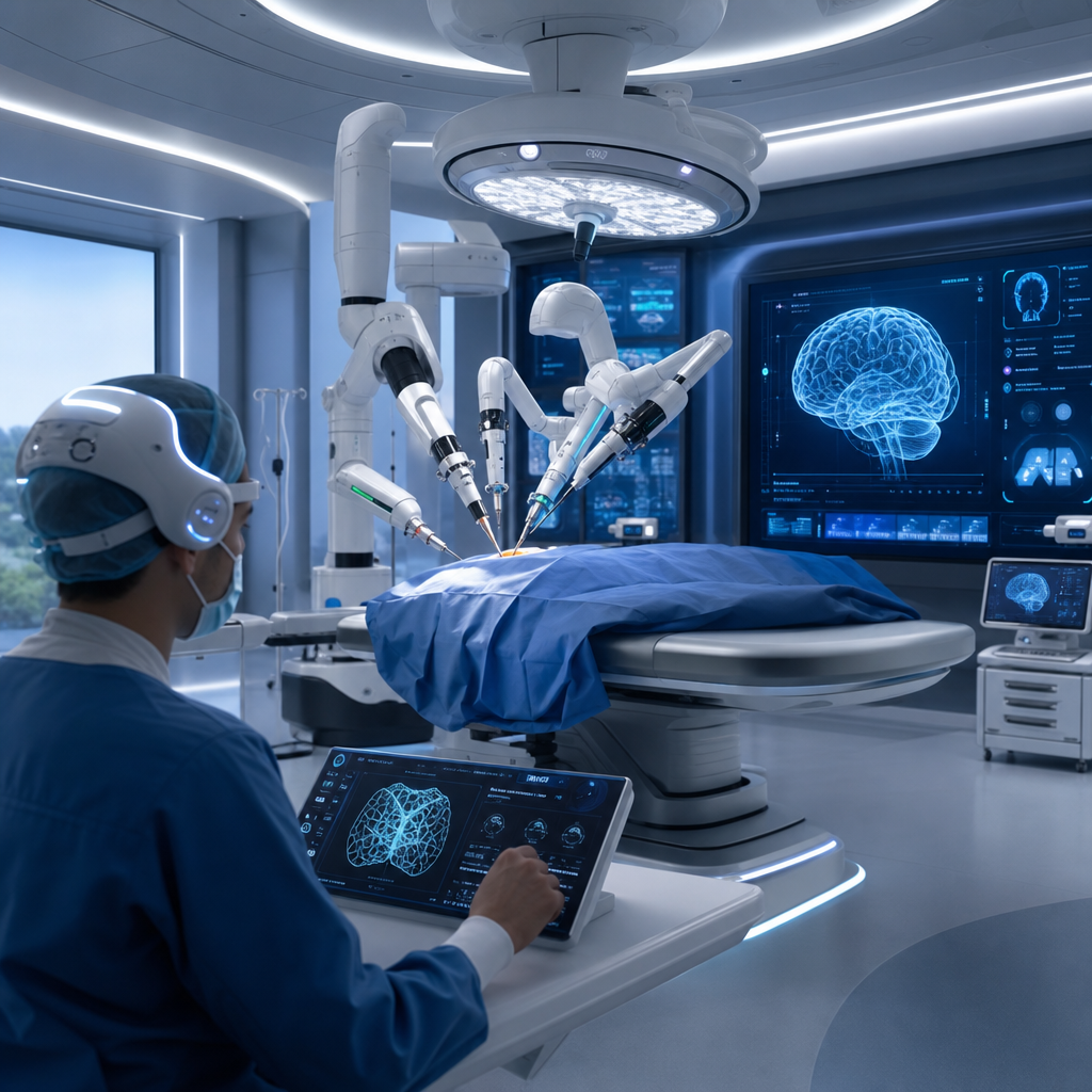 Consultorio médico moderno con dispositivos neurointuitivos asistiendo a cirugía robótica.