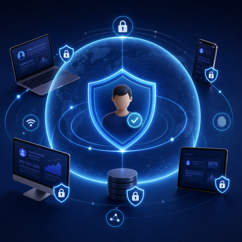 Ilustración de seguridad cibernética moderna, entornos digitales adaptativos protegiendo la privacidad de usuarios en tiempo real