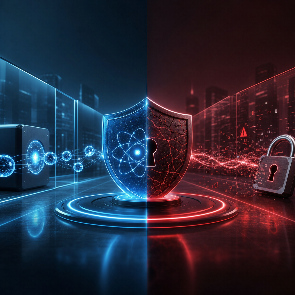 Comparación visual entre sistemas de seguridad cuántica y tradicionales en un entorno futurista