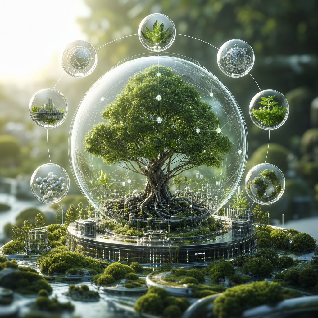 Concepto futurista de un ecosistema financiero descentralizado influenciado por la biología con elementos naturales y tecnológicos