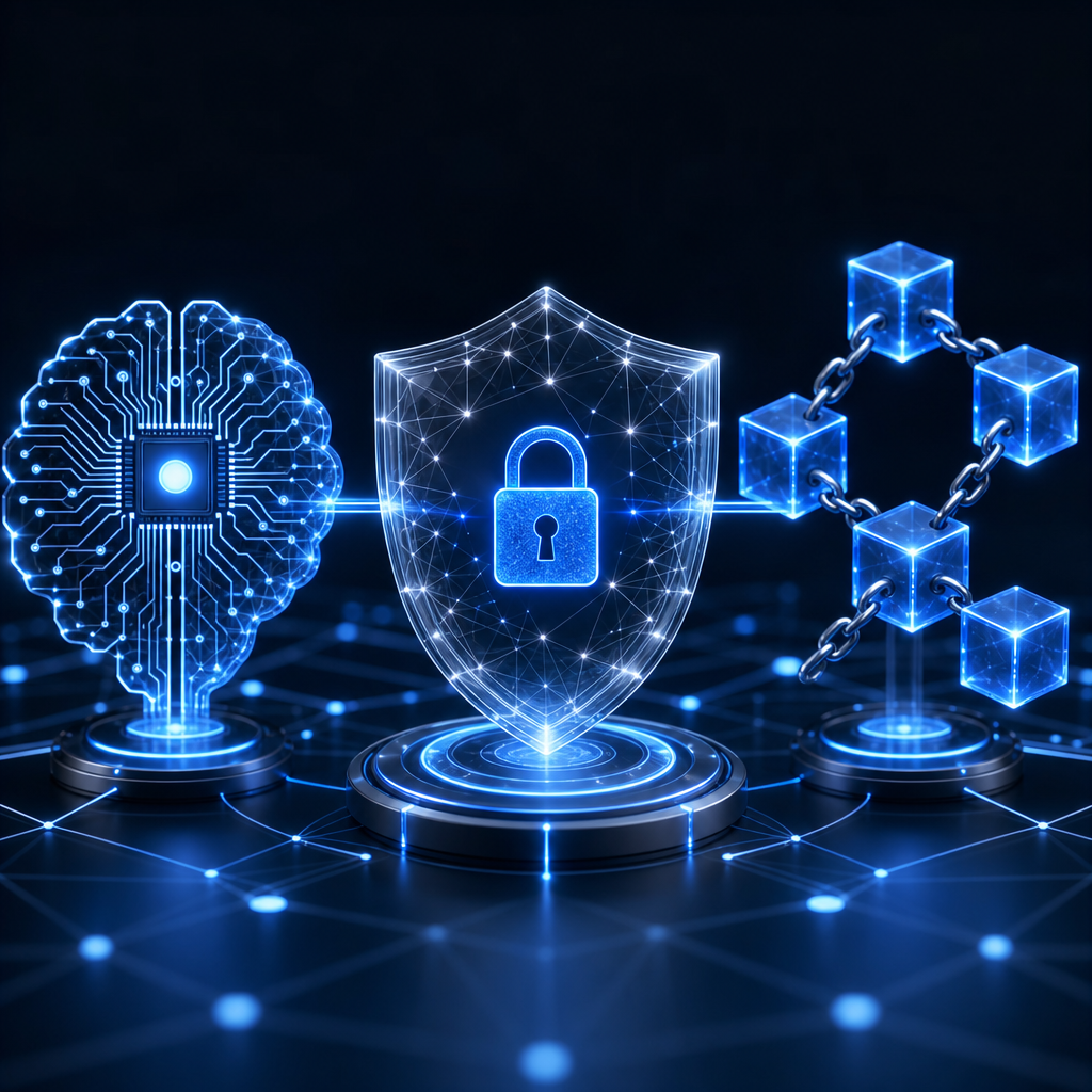 Representación moderna de IA y blockchain trabajando juntos en redes de seguridad digital