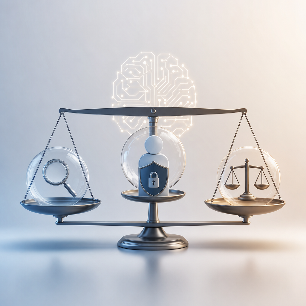 Ilustración de un balance entre transparencia, privacidad y ética en IA, estilo moderno y profesional