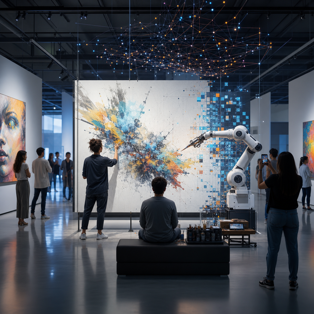 Exposición artística moderna mostrando arte colaborativo entre IA y humanos en un ambiente cultural dinámico