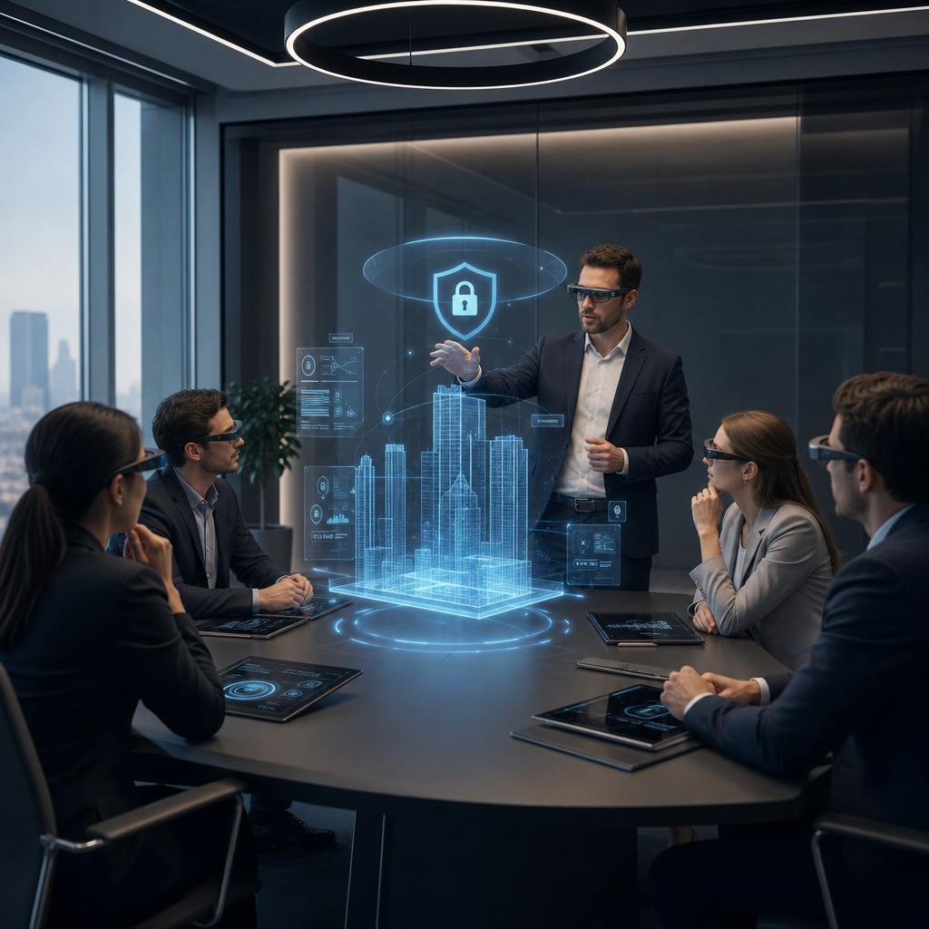 Crea una imagen representativa de una compañía en una sala de juntas utilizando tecnología AR para sesión segura