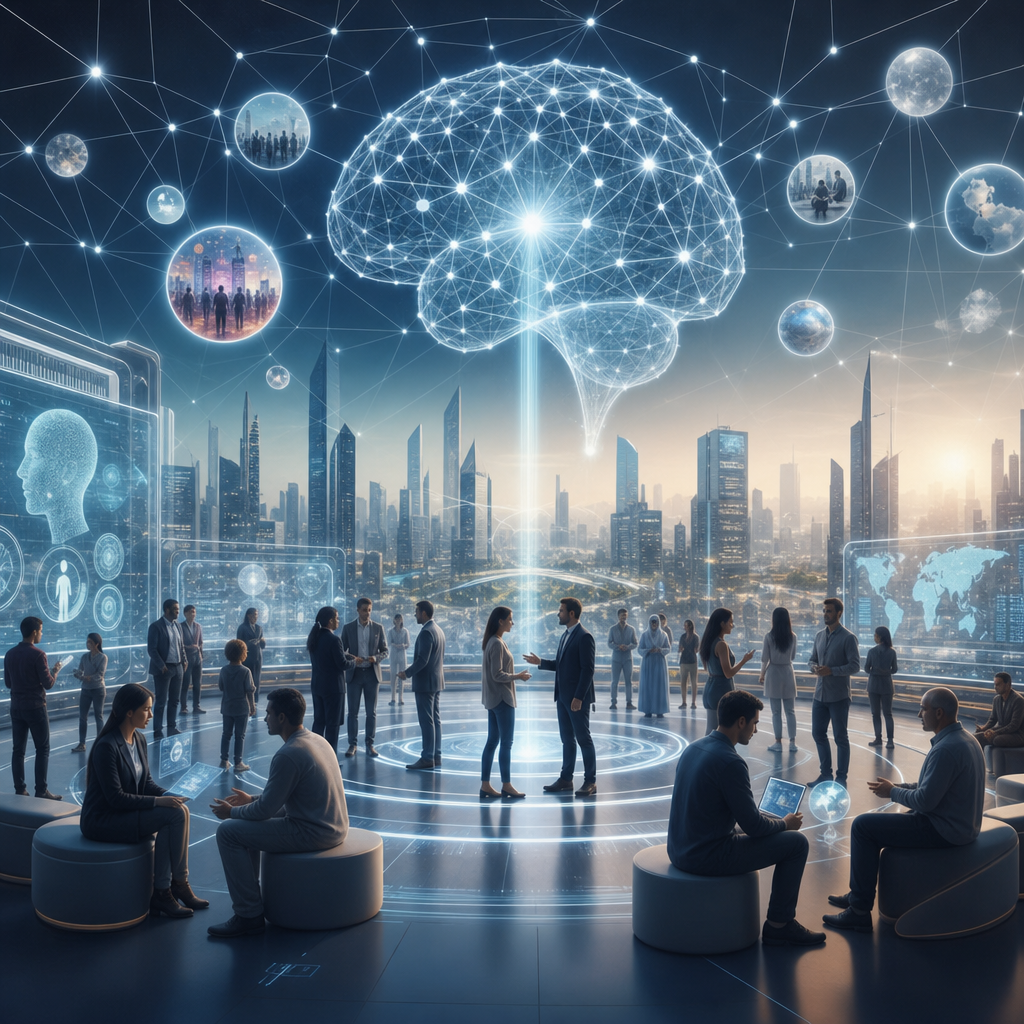 Escenario futuro con redes neuronales impactando la gobernanza y relaciones humanas en un entorno tecnológico